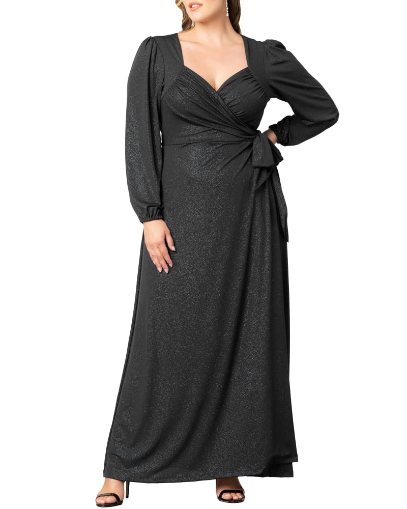 Front of a model wearing a size 5X Modern Muse Wrap Gown in MIDNIGHT STAR by Kiyonna. | dia_product_style_image_id:316295